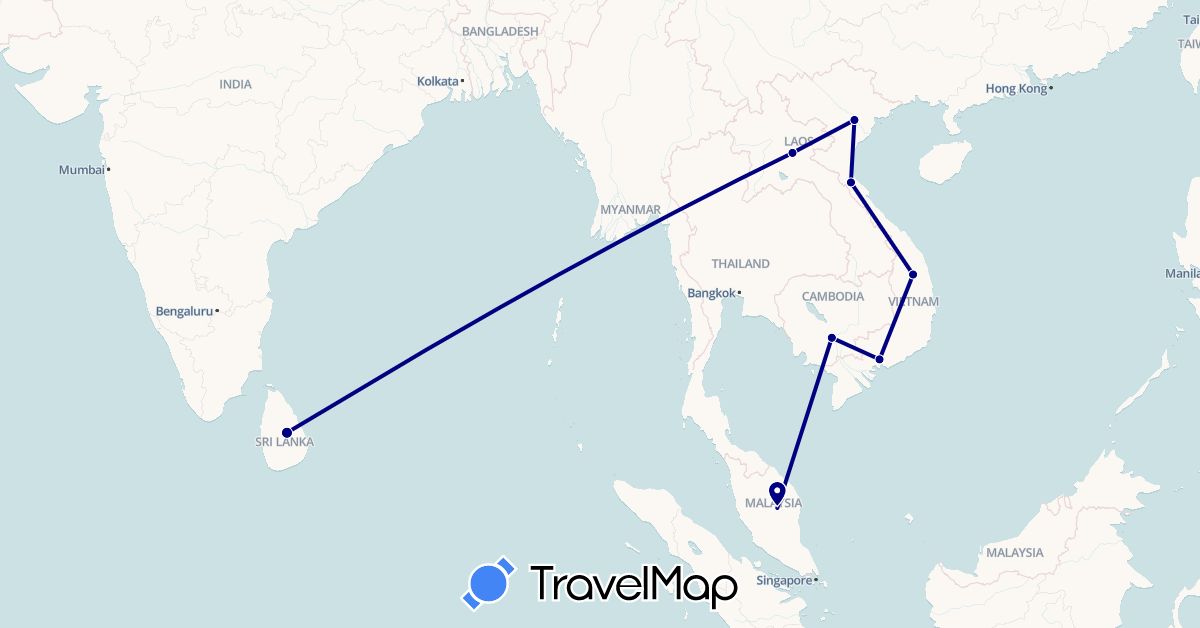 TravelMap itinerary: driving in Cambodia, Laos, Sri Lanka, Malaysia, Vietnam (Asia)